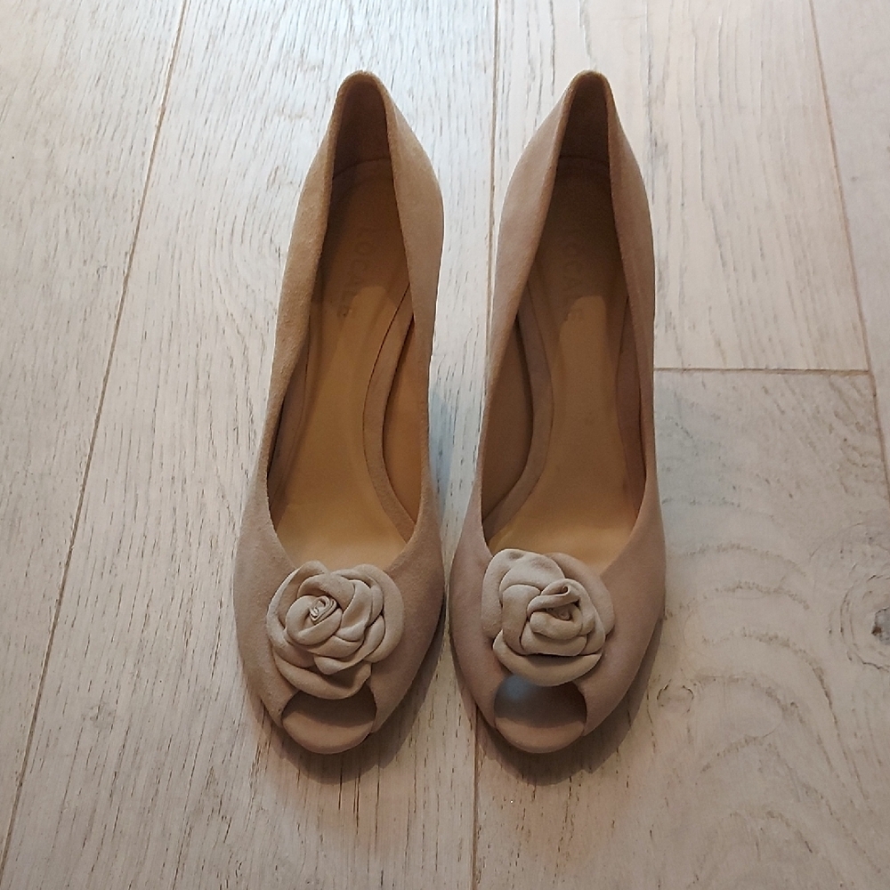 Tan Suede Heels with Floral Embellishment